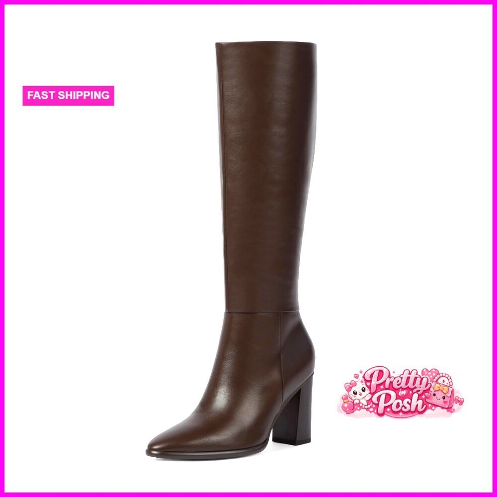 Knee High Boots with Chunky Heel Pointed Toe Faux Leather Side Zipper - Picture 1 of 7